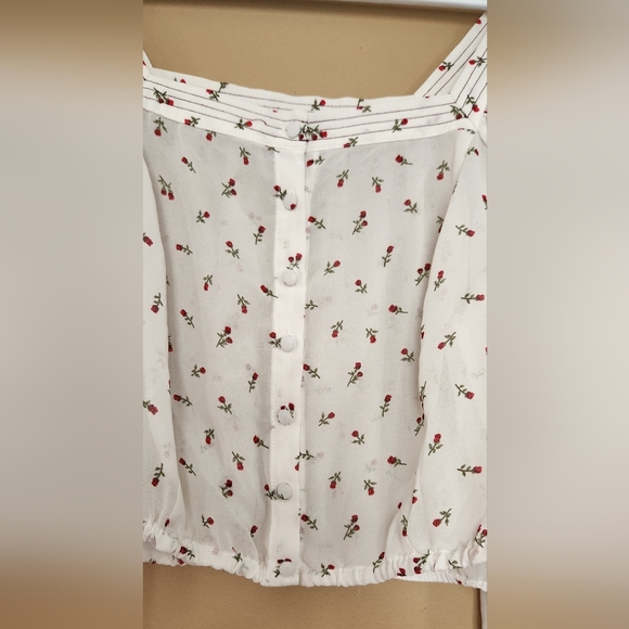 Women’s Forever21 Mesh White With Red Roses Cropped Blouse Buttons In Front Sz L - Picture 3 of 7